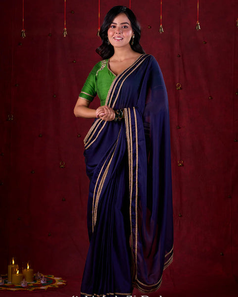 Royal Navy Silk Blend Ready To Wear Saree Adorned with Subtle Golden Lace