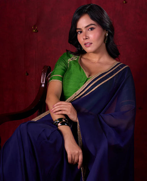 Royal Navy Silk Blend Ready To Wear Saree Adorned with Subtle Golden Lace