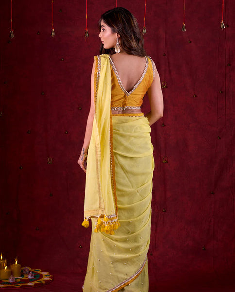 Light Yellow Mul Cotton Saree with Contrasting Mustard Border & Pearl Embroidered Pallu