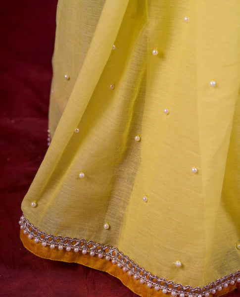 Light Yellow Mul Cotton Saree with Contrasting Mustard Border & Pearl Embroidered Pallu