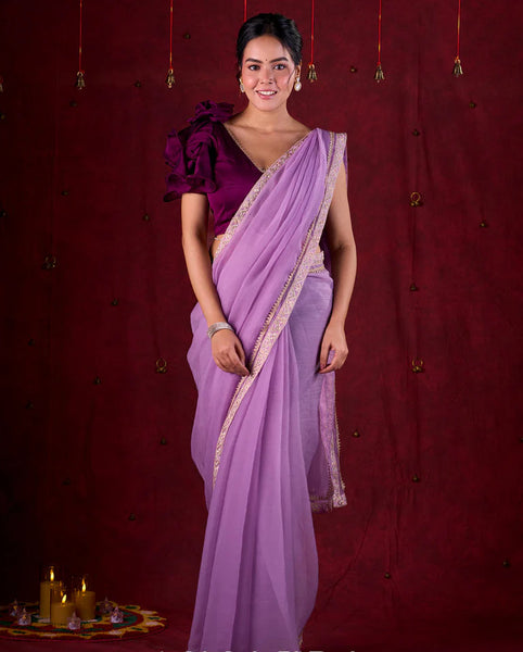Lavender Crepe Saree Adorned with Delicate Embroidered Lace Border