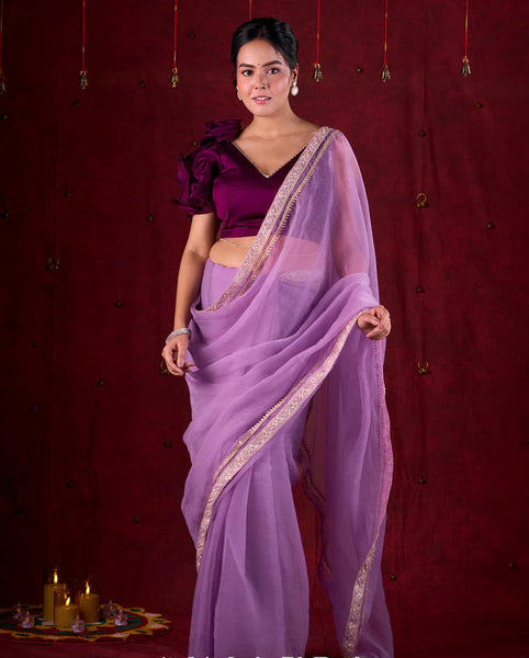 Lavender Crepe Saree Adorned with Delicate Embroidered Lace Border