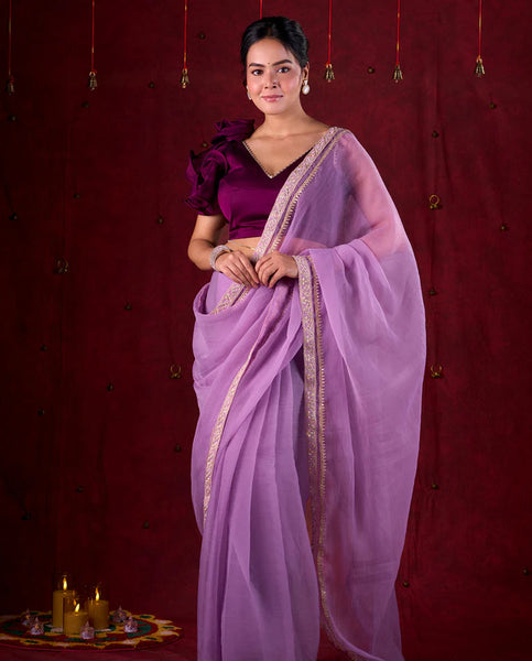Lavender Crepe Saree Adorned with Delicate Embroidered Lace Border