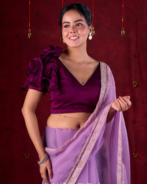 Lavender Crepe Saree Adorned with Delicate Embroidered Lace Border
