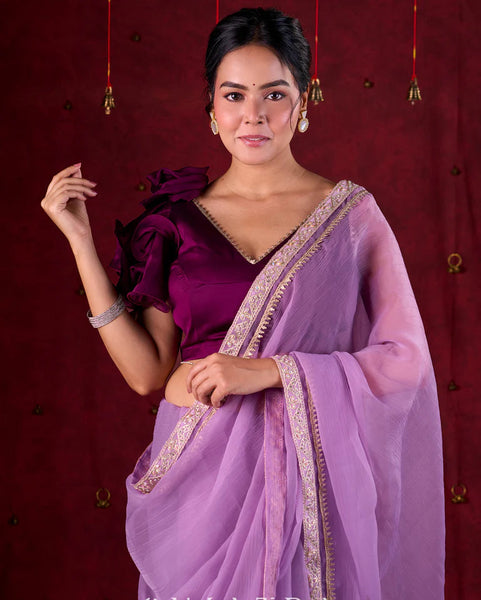 Lavender Crepe Saree Adorned with Delicate Embroidered Lace Border
