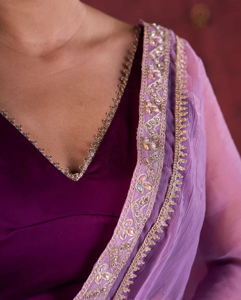 Lavender Crepe Saree Adorned with Delicate Embroidered Lace Border