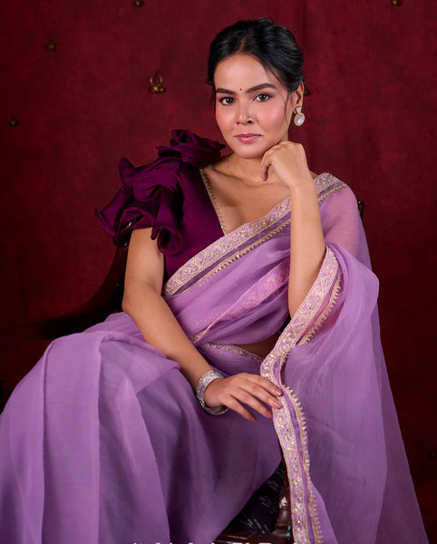 Lavender Crepe Saree Adorned with Delicate Embroidered Lace Border