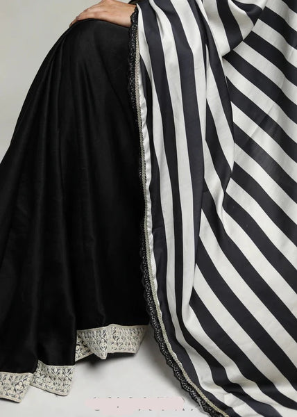 BLACK AND WHITE STRIPE SATIN SILK SAREE WITH LACE EMBROIDERED BORDER