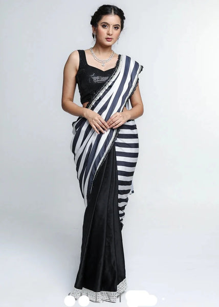 BLACK AND WHITE STRIPE SATIN SILK SAREE WITH LACE EMBROIDERED BORDER