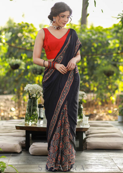 MODAL SILK NAVY BLUE SAREE WITH RED & BLUE MUGAL BLOCK PRINT