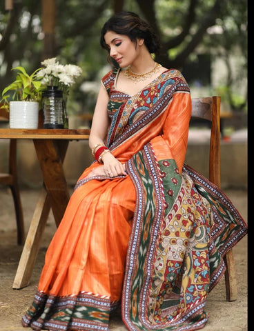 ORANGE PURE GHICHA SILK SAREE WITH KALAMKARI PALLU & IKAT BORDER