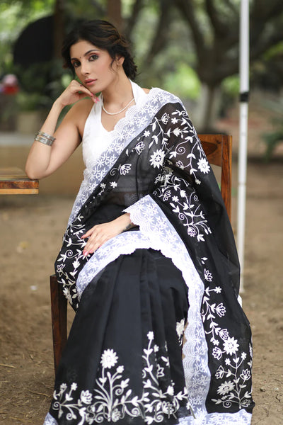 BLACK CHANDERI SAREE WITH BEAUTIFUL WHITE EMBROIDERY & DELICATE BORDER