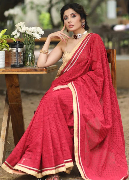 MAROON EMBROIDERED GEORGETTE SAREE WITH GOLDEN & LACE DETAILING