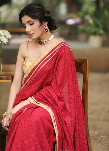MAROON EMBROIDERED GEORGETTE SAREE WITH GOLDEN & LACE DETAILING