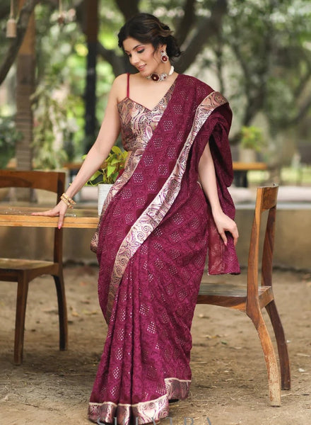 WINE EMBROIDERED GROERGETTE SAREE HIGHLIGHTED WITH BENARASI BORDER