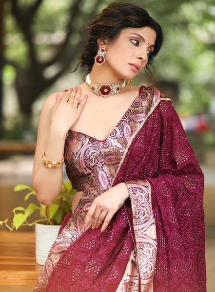 WINE EMBROIDERED GROERGETTE SAREE HIGHLIGHTED WITH BENARASI BORDER