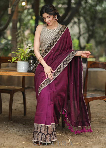 WINE COTTON SEQUENCE SAREE WITH AJRAKH BORDER
