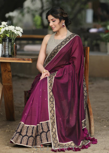 WINE COTTON SEQUENCE SAREE WITH AJRAKH BORDER