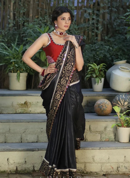 BLACK MODAL SILK SAREE WITH GOLDEN BORDER HIGHLIGHTED WITH LACE