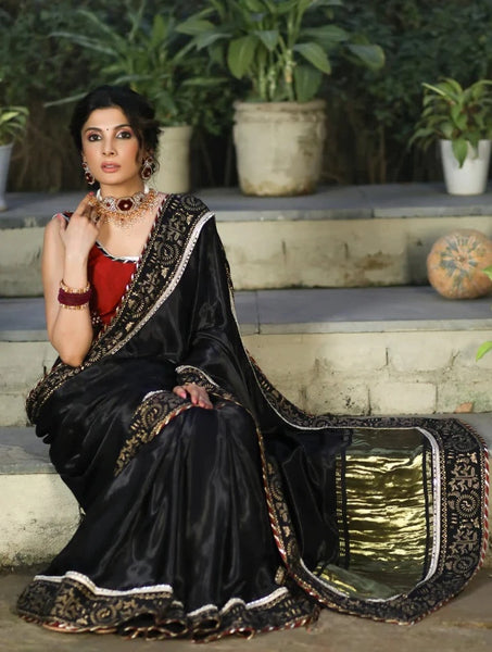 BLACK MODAL SILK SAREE WITH GOLDEN BORDER HIGHLIGHTED WITH LACE