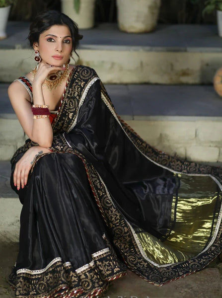 BLACK MODAL SILK SAREE WITH GOLDEN BORDER HIGHLIGHTED WITH LACE