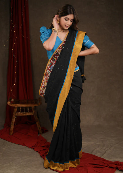 BLACK SEQUENCE COTTON SAREE WITH HANDPAINTED KALAMKARI BORDER