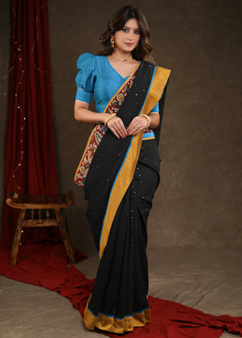 BLACK SEQUENCE COTTON SAREE WITH HANDPAINTED KALAMKARI BORDER