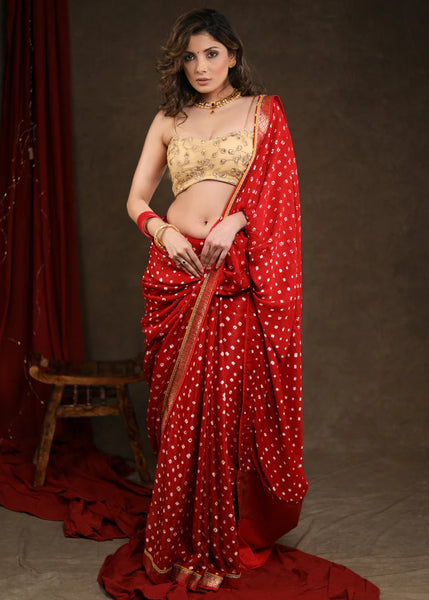 RED BANDHEJ SAREE WITH DELICATE GOLD AND BANARASI DETAILING