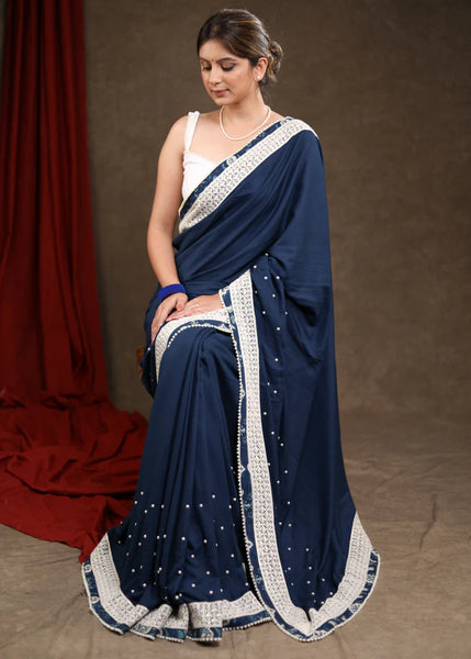 OCEAN BLUE RAYON SAREE HIGHLIGHTED WITH MOTI WORK & BEAUTIFUL LACE DETAILING