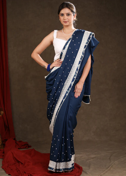 OCEAN BLUE RAYON SAREE HIGHLIGHTED WITH MOTI WORK & BEAUTIFUL LACE DETAILING