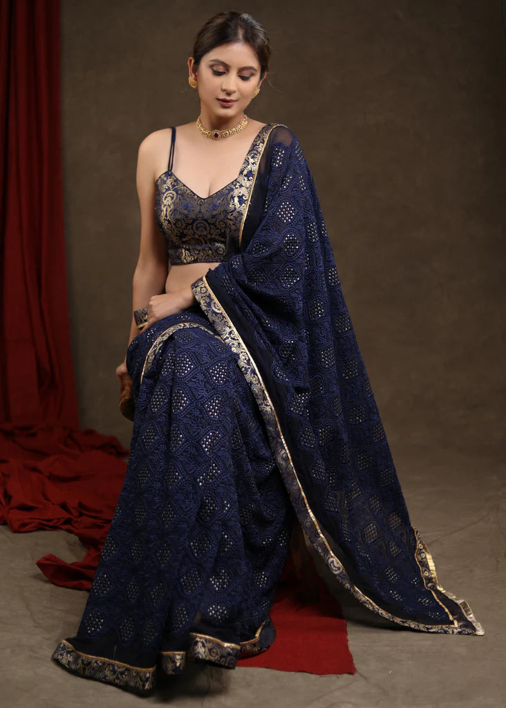 MIDNIGHT BLUE EMBROIDERED SAREE HIGHLIGHTED WITH BANASARI BORDER