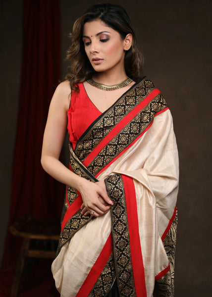 BLACK & CREAM COMBINATION SAREE WITH BANARASI PALLU