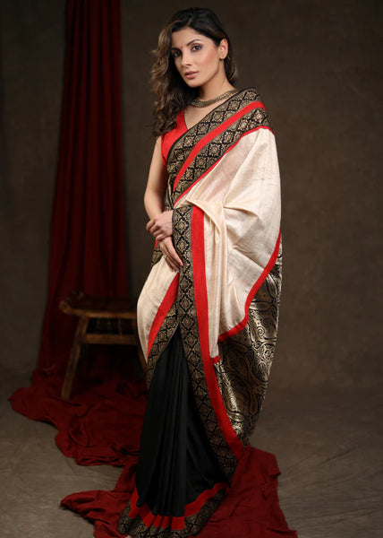 BLACK & CREAM COMBINATION SAREE WITH BANARASI PALLU
