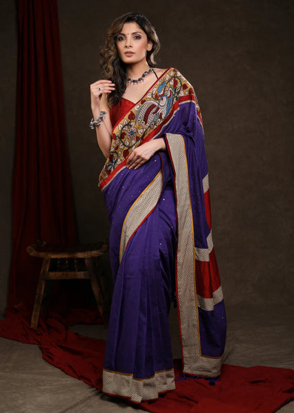 NAVY BLUE COTTON SEQUENCE SAREE WITH KALAMKARI BORDER & AJRAKH COMBINATION BORDER