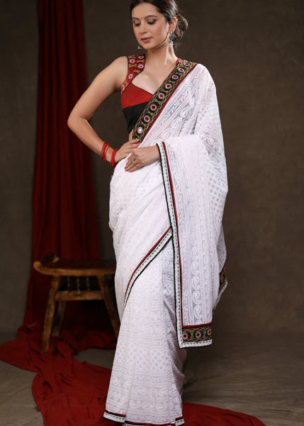 CHIKANKARI WORK GEORGETTE WHITE SAREE with MIRRORWORK LACE