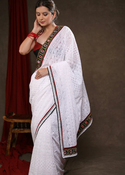 CHIKANKARI WORK GEORGETTE WHITE SAREE with MIRRORWORK LACE