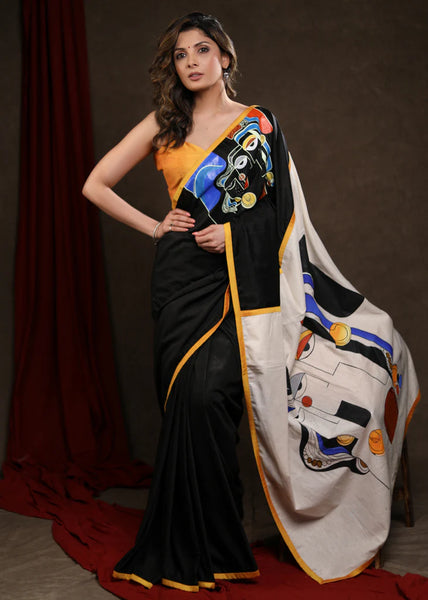 BLACK COTTON SILK SAREE WITH ABSTRACT HANDPAINTING