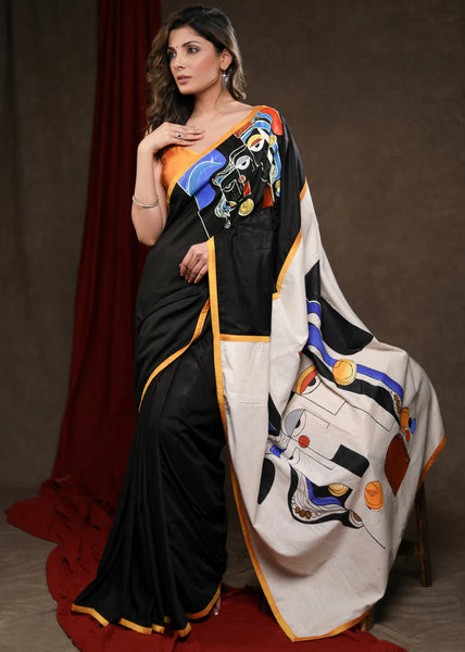 BLACK COTTON SILK SAREE WITH ABSTRACT HANDPAINTING