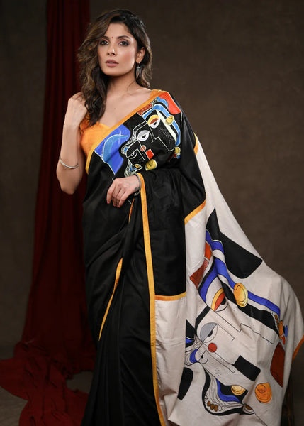 BLACK COTTON SILK SAREE WITH ABSTRACT HANDPAINTING