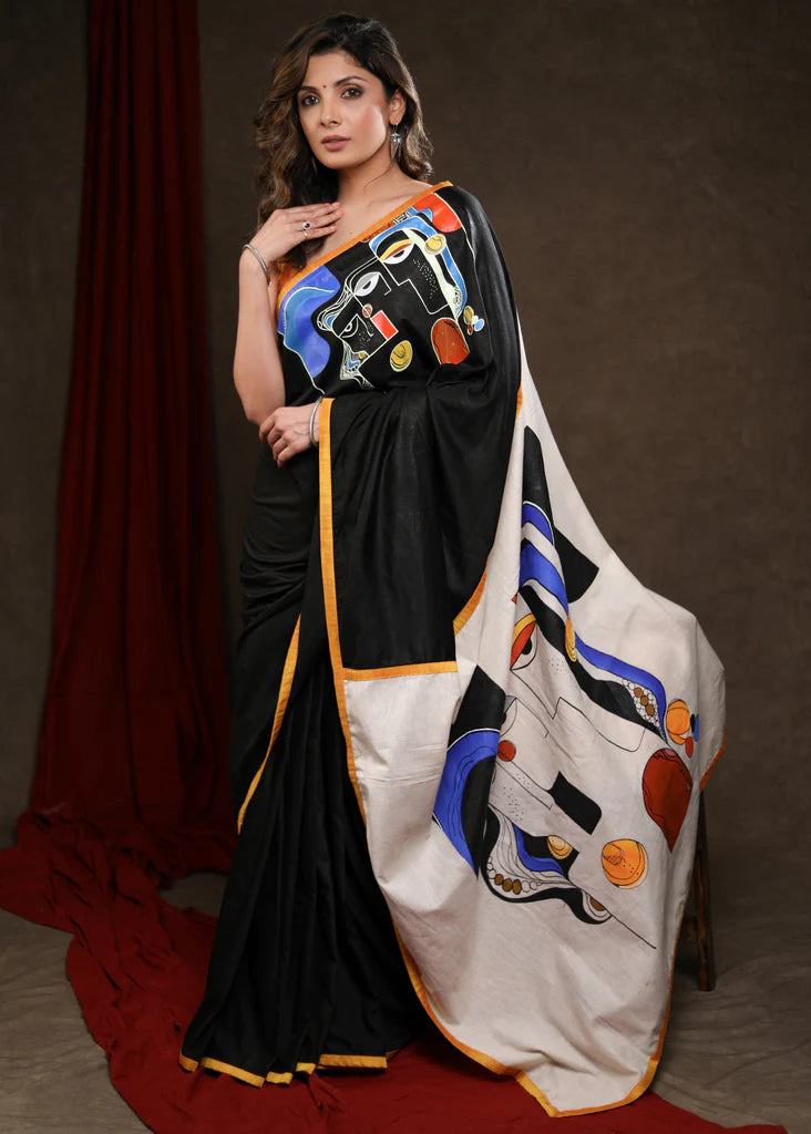 BLACK COTTON SILK SAREE WITH ABSTRACT HANDPAINTING