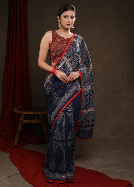 BLUE COTTON AJRAKH BLOCK PRINT SAREE HIGHLIGHTED WITH BEAUTIFUL MIRRORWORK