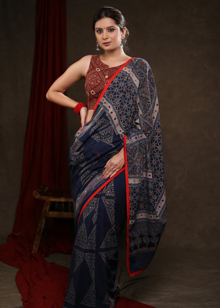 BLUE COTTON AJRAKH BLOCK PRINT SAREE HIGHLIGHTED WITH BEAUTIFUL MIRRORWORK