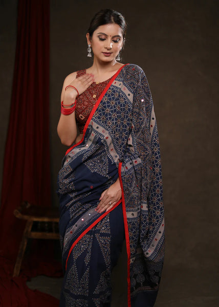 BLUE COTTON AJRAKH BLOCK PRINT SAREE HIGHLIGHTED WITH BEAUTIFUL MIRRORWORK