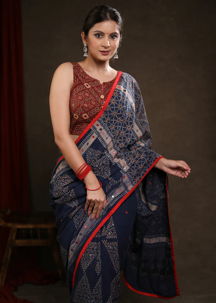 BLUE COTTON AJRAKH BLOCK PRINT SAREE HIGHLIGHTED WITH BEAUTIFUL MIRRORWORK