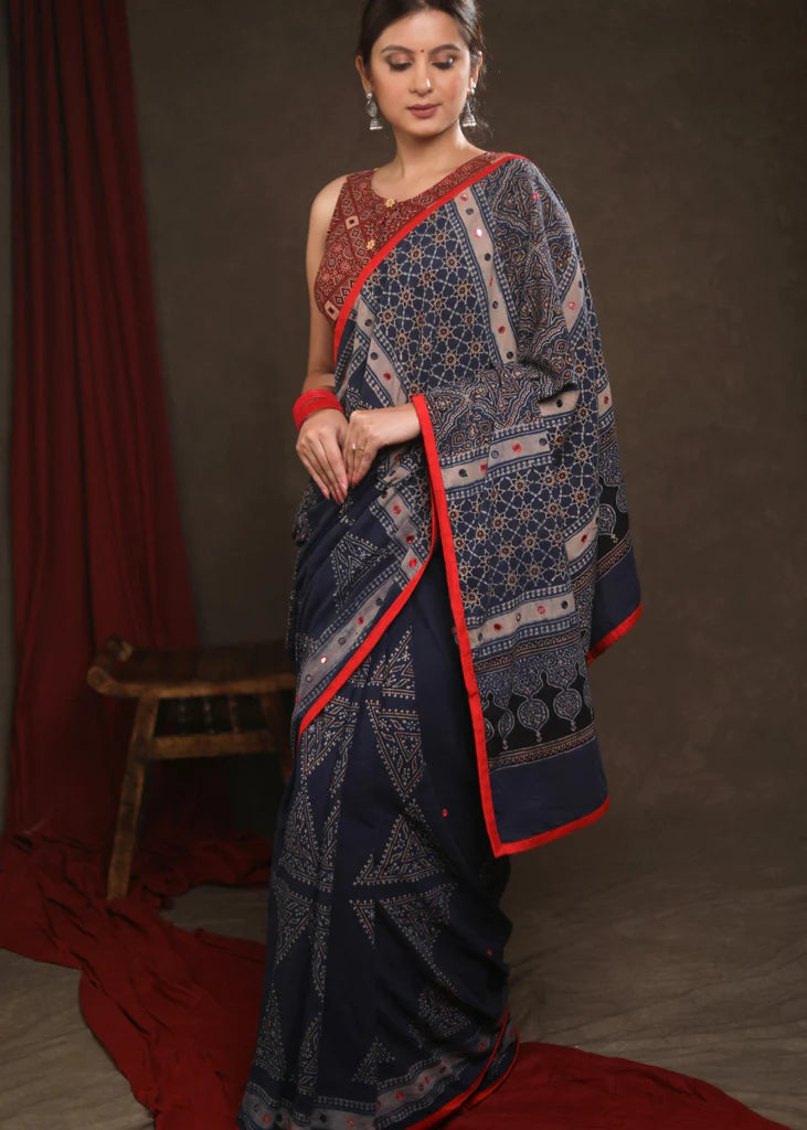 BLUE COTTON AJRAKH BLOCK PRINT SAREE HIGHLIGHTED WITH BEAUTIFUL MIRRORWORK