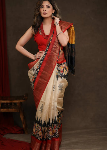 PURE TUSSAR SILK POCHAMPALLI DESIGN PRINTED SAREE WITH ZARI BORDER