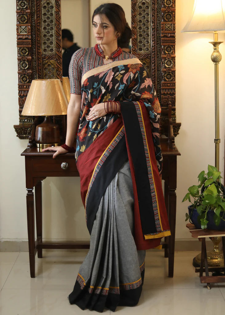 GREY COTTON SAREE WITH BEAUTIFUL MADHUBANI PALLU AND BLACK BORDER