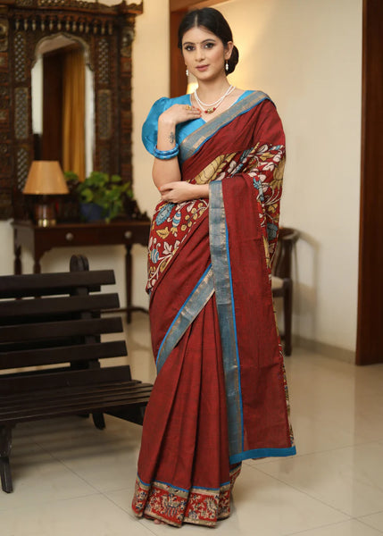 MAROON COTTON SAREE WITH KALAMKARI HAND PAINTED PALLU AND AJRAKH BORDER