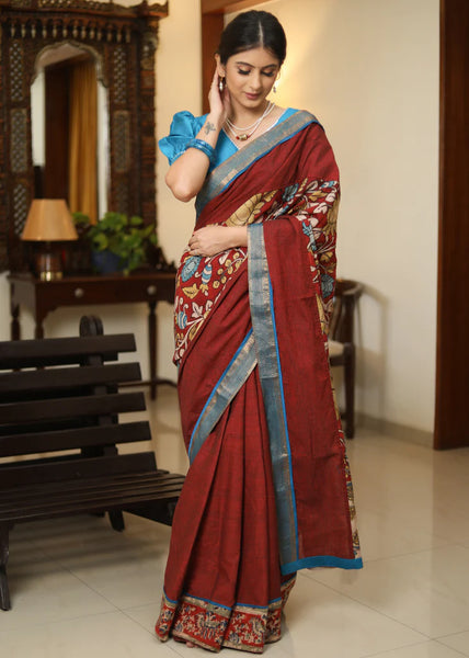 MAROON COTTON SAREE WITH KALAMKARI HAND PAINTED PALLU AND AJRAKH BORDER