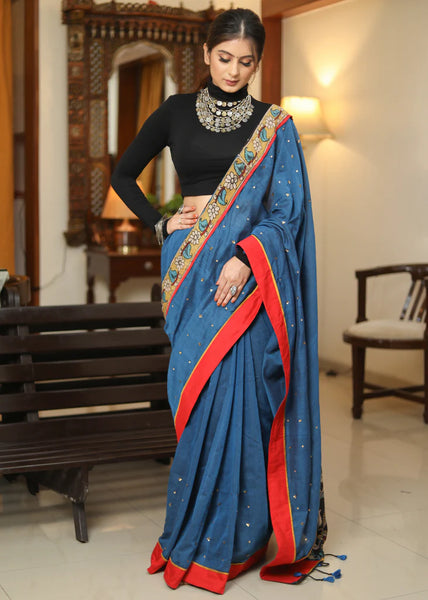 PEACOCK BLUE SAREE WITH KALAMKARI PALLU AND GOLDEN EMBELLISHMENT